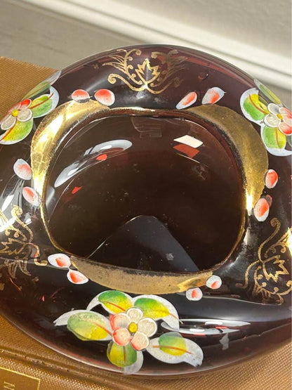 Vintage Bohemian Amethyst Enameled Art Glass Trifold Ashtray Bowl
