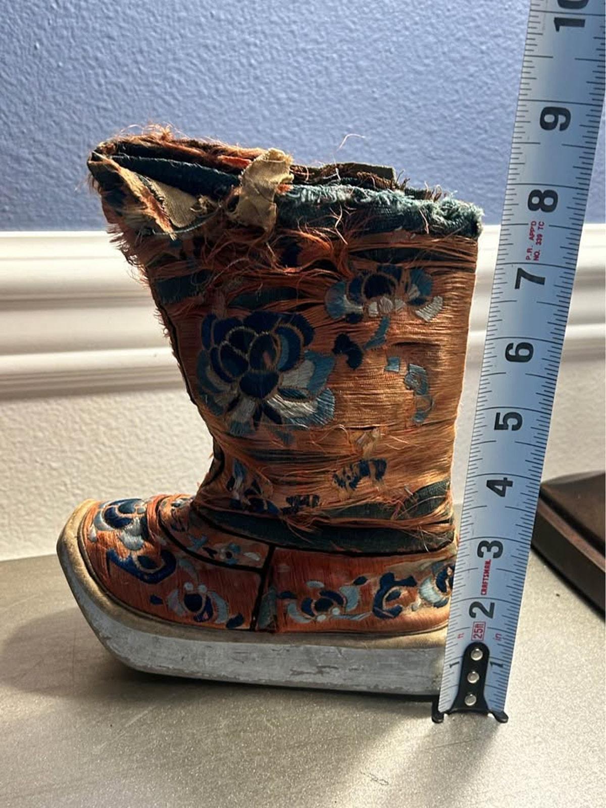 Antique Chinese Silk Embroidered Lotus Shoes Distressed Qing Dynasty
