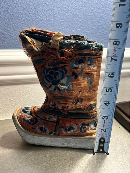 Antique Chinese Silk Embroidered Lotus Shoes Distressed Qing Dynasty