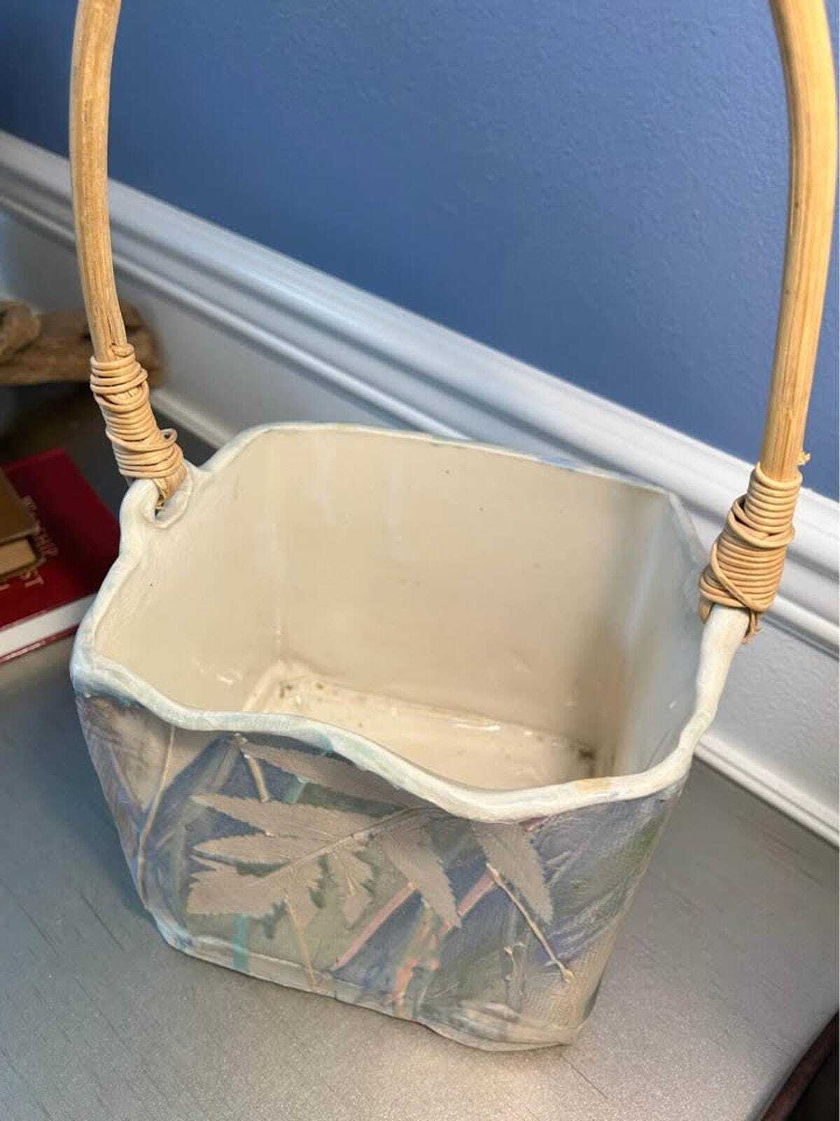 Hannegan Studio Art Pottery Square Basket with Bentwood Handle