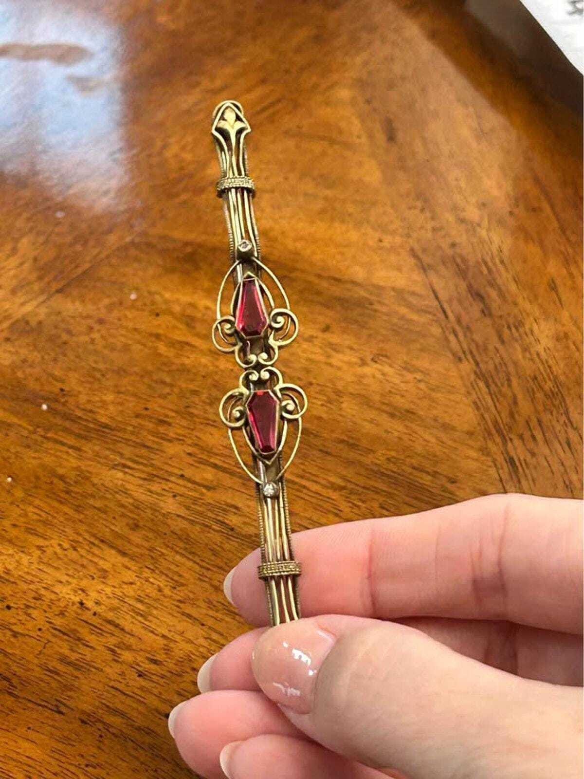 Antique Edwardian Gold Filled Wirework Bar Brooch with Red Coffin Cut Paste Stones