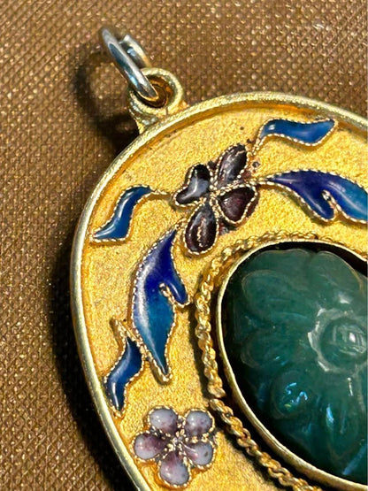 Vintage Chinese Export Carved Genuine Jade & Floral Enamel Brooch Pendant