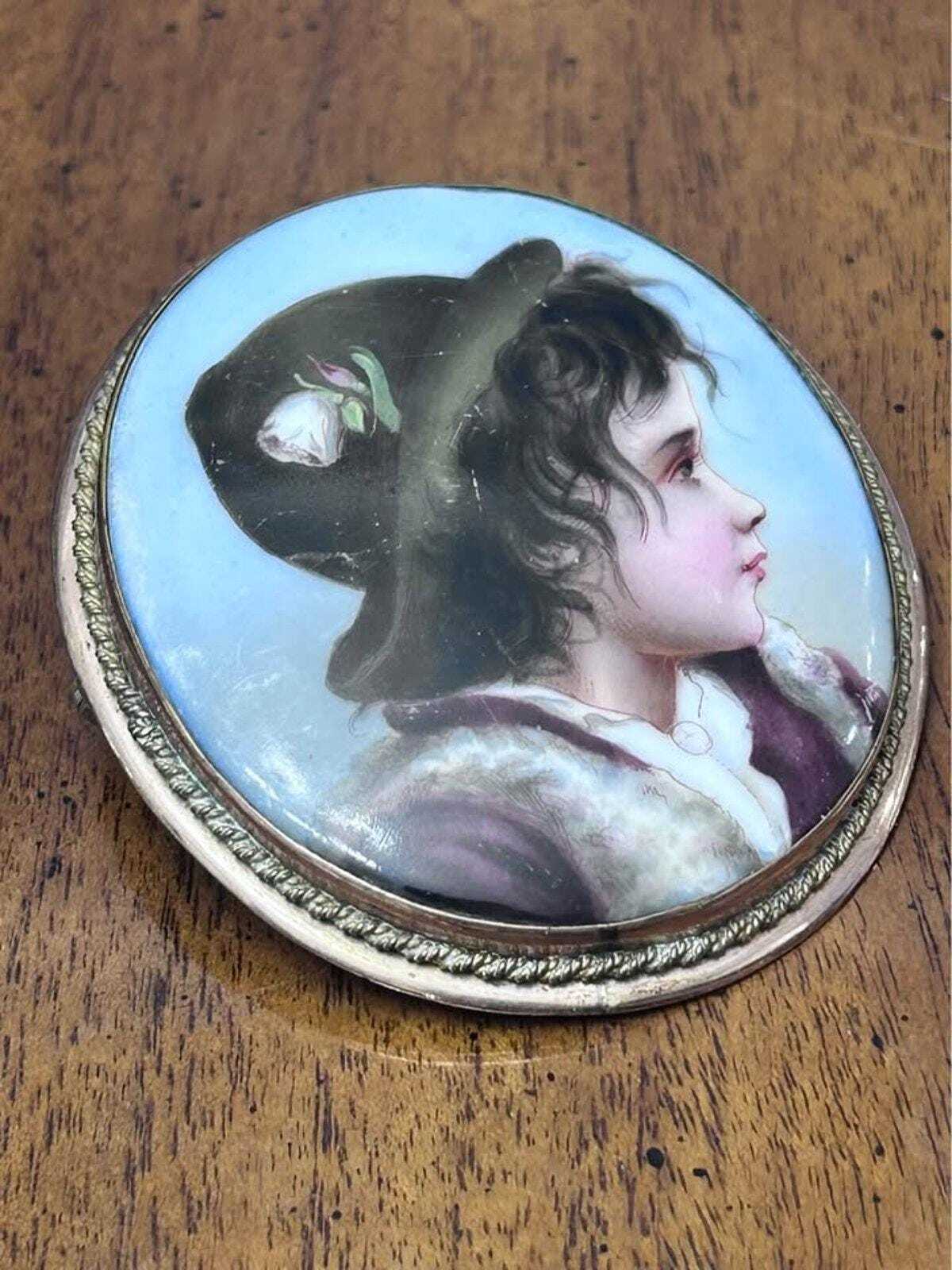 Antique Victorian Hand-Painted Porcelain Girl Portrait Brooch