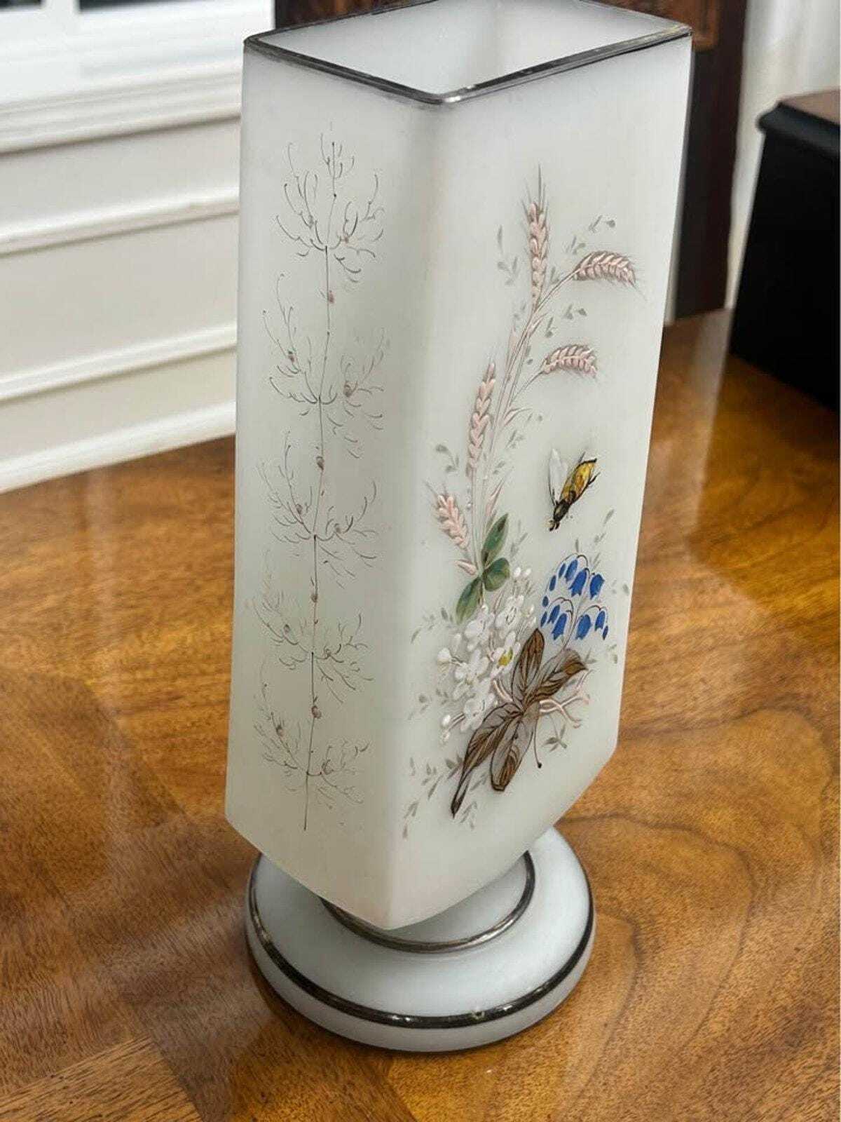 Antique Bohemian Frosted Art Glass Vase Enamel Floral and Bee Motif