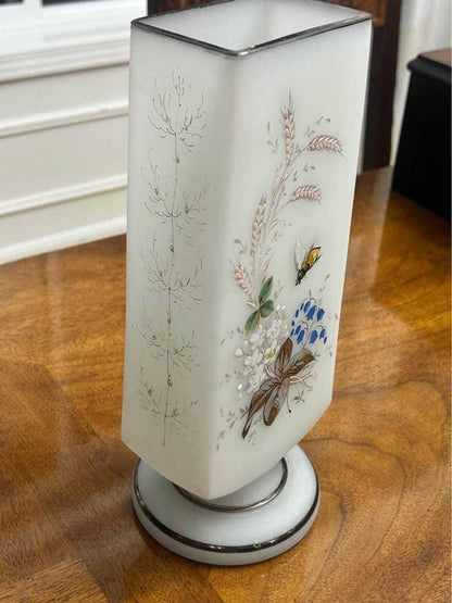 Antique Bohemian Frosted Art Glass Vase Enamel Floral and Bee Motif