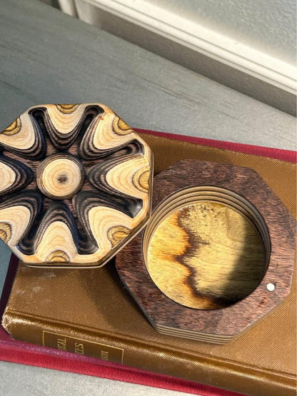 Artisan Carved Layered Wood Hexagonal Trinket Box with Magnetic Lid