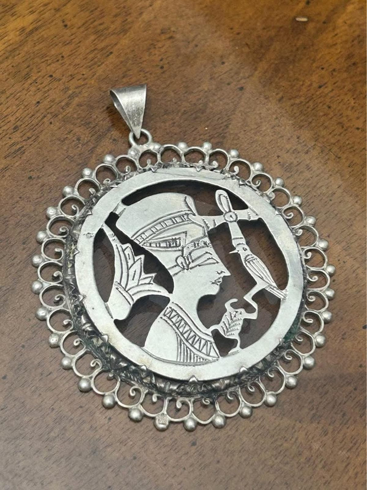 Vintage Egyptian Revival Sterling Silver Nefertiti Pendant Large Cut Out Medallion
