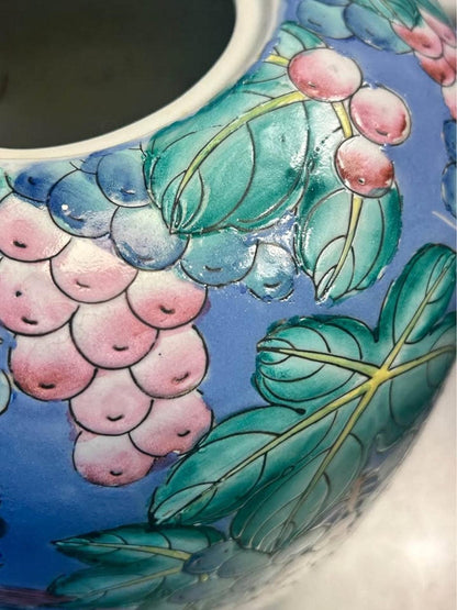 Large Vintage Chinese Raised Enamel Grape and Bird Vase
