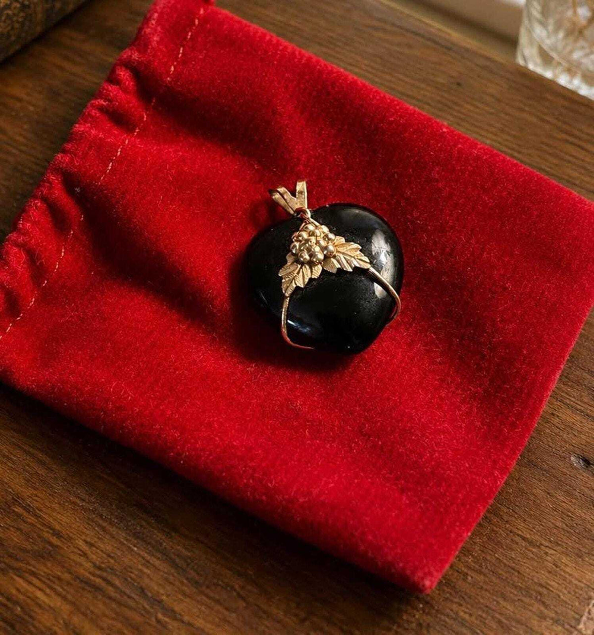 Vintage 14k Black Hills Gold & Onyx Heart Pendant - Grape Leaf Motif