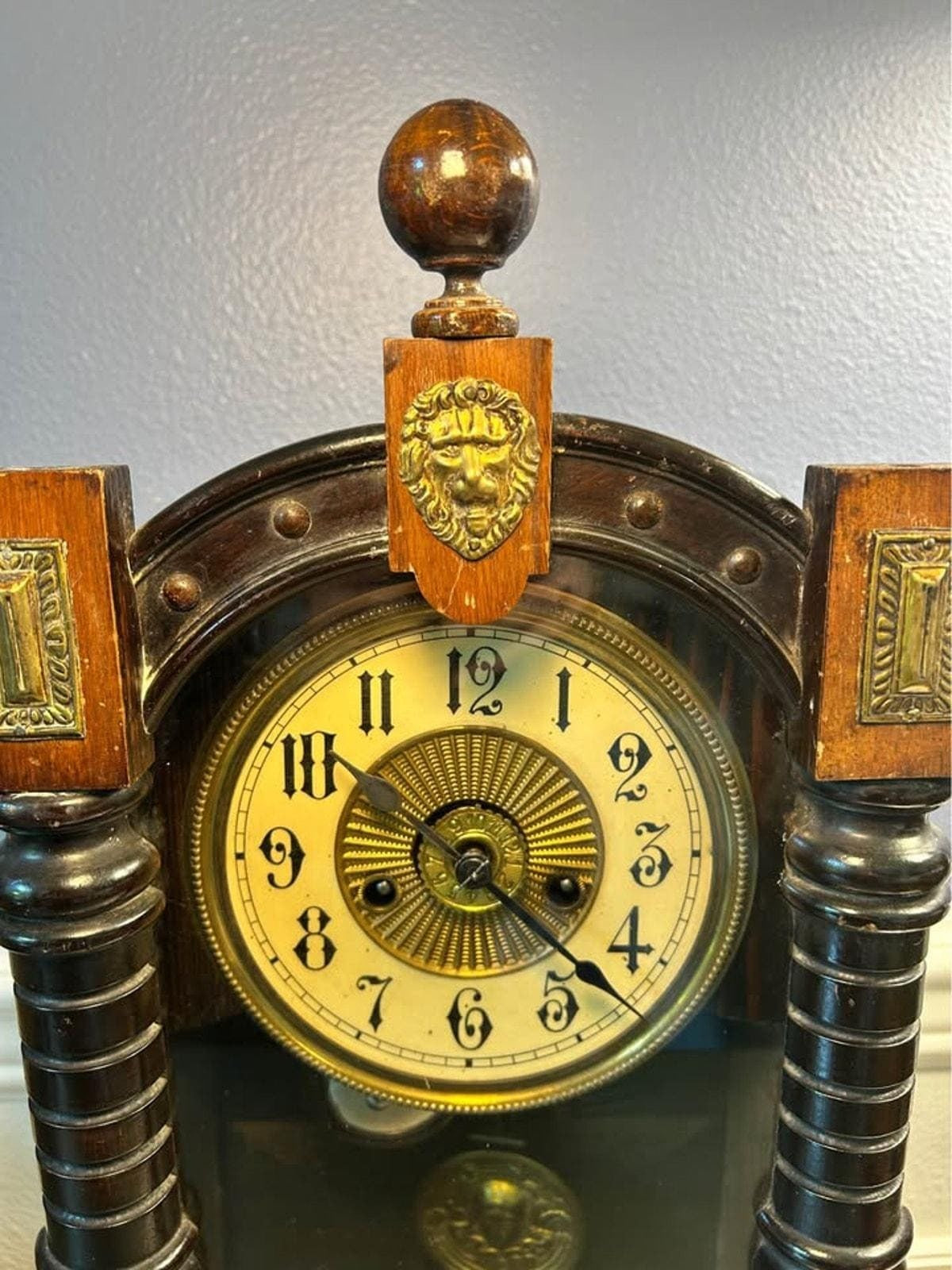 Antique Working Art Nouveau Mantel Clock | Lion Head Crest & Brass Nymph Pendulum