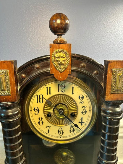 Antique Working Art Nouveau Mantel Clock | Lion Head Crest & Brass Nymph Pendulum