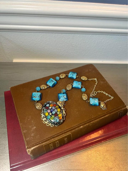 Vintage Murano Glass Millefiori Pendant Necklace Blue Foil Beads