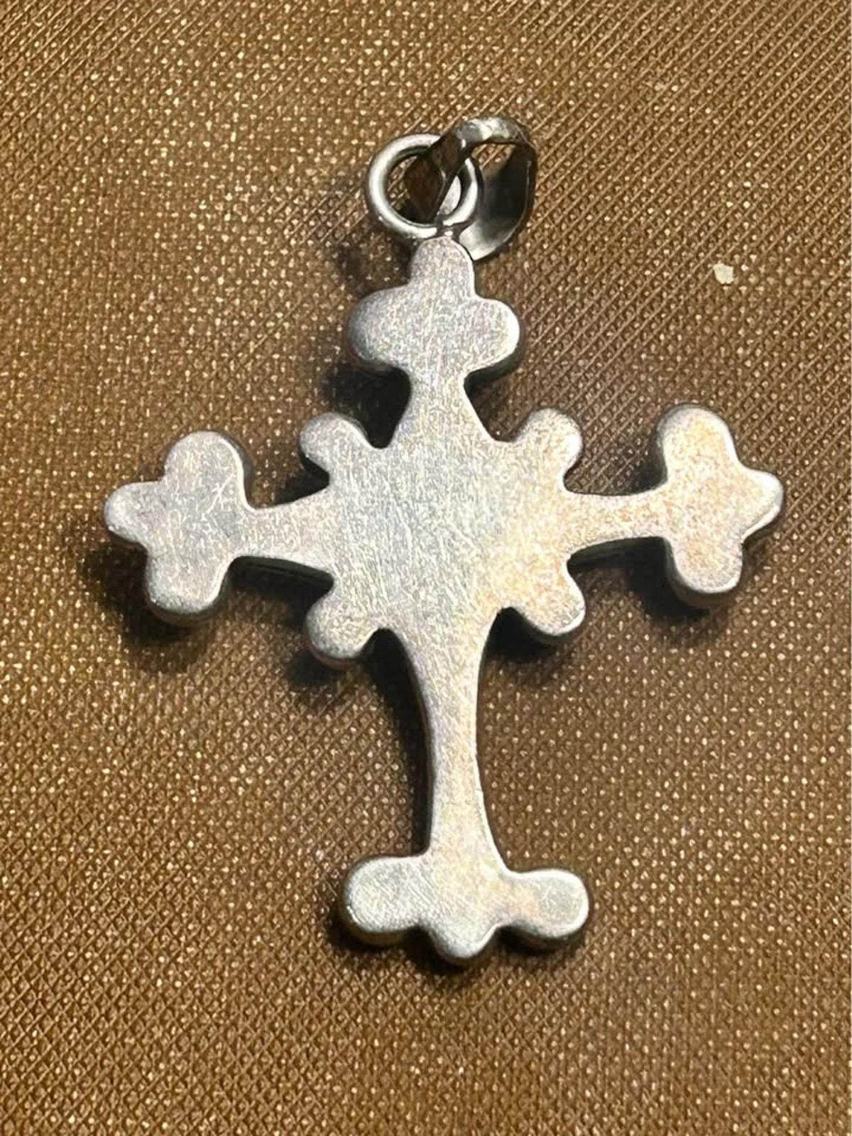 Vintage Sterling Silver Scrollwork Cross Pendant Black Cabochon Gothic Revival Artisan