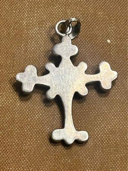 Vintage Sterling Silver Scrollwork Cross Pendant Black Cabochon Gothic Revival Artisan