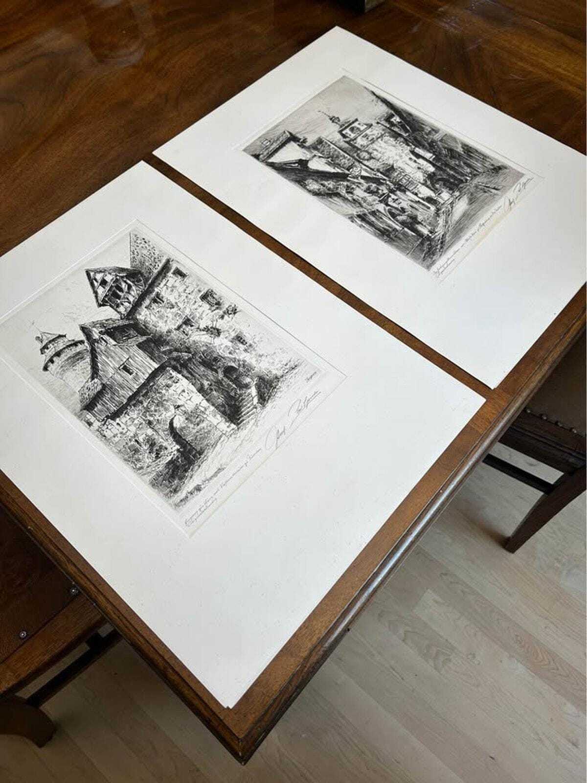 Antique Paul Geissler Original Pencil Signed Architectural Etchings Rothenburg and Nuremberg Pair
