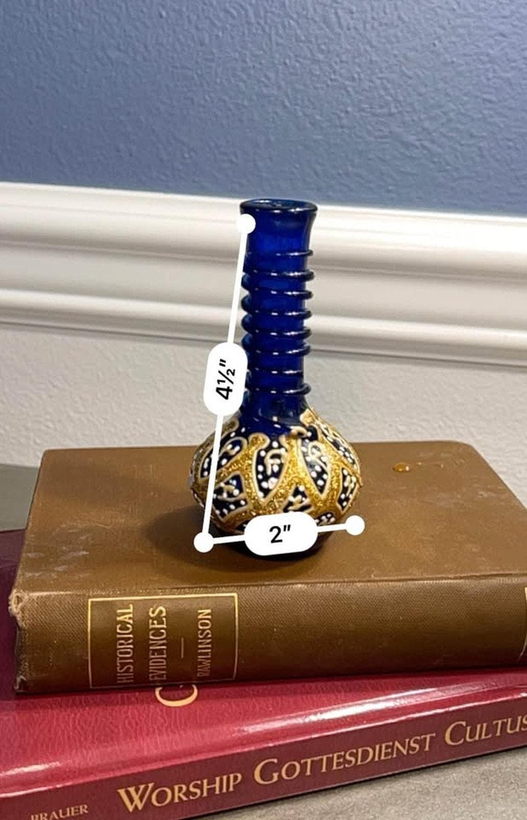 Vintage 1970s Bohemian Style Cobalt Blue & Gold Glass Miniature Vase
