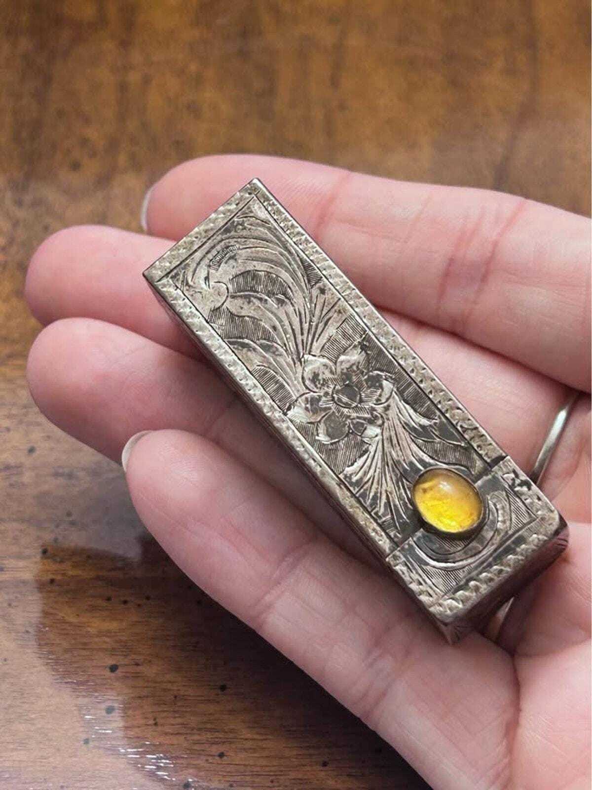 Antique 800 Silver Engraved Sliding Lipstick Case with Hidden Mirror