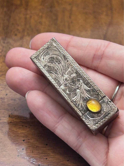 Antique 800 Silver Engraved Sliding Lipstick Case with Hidden Mirror