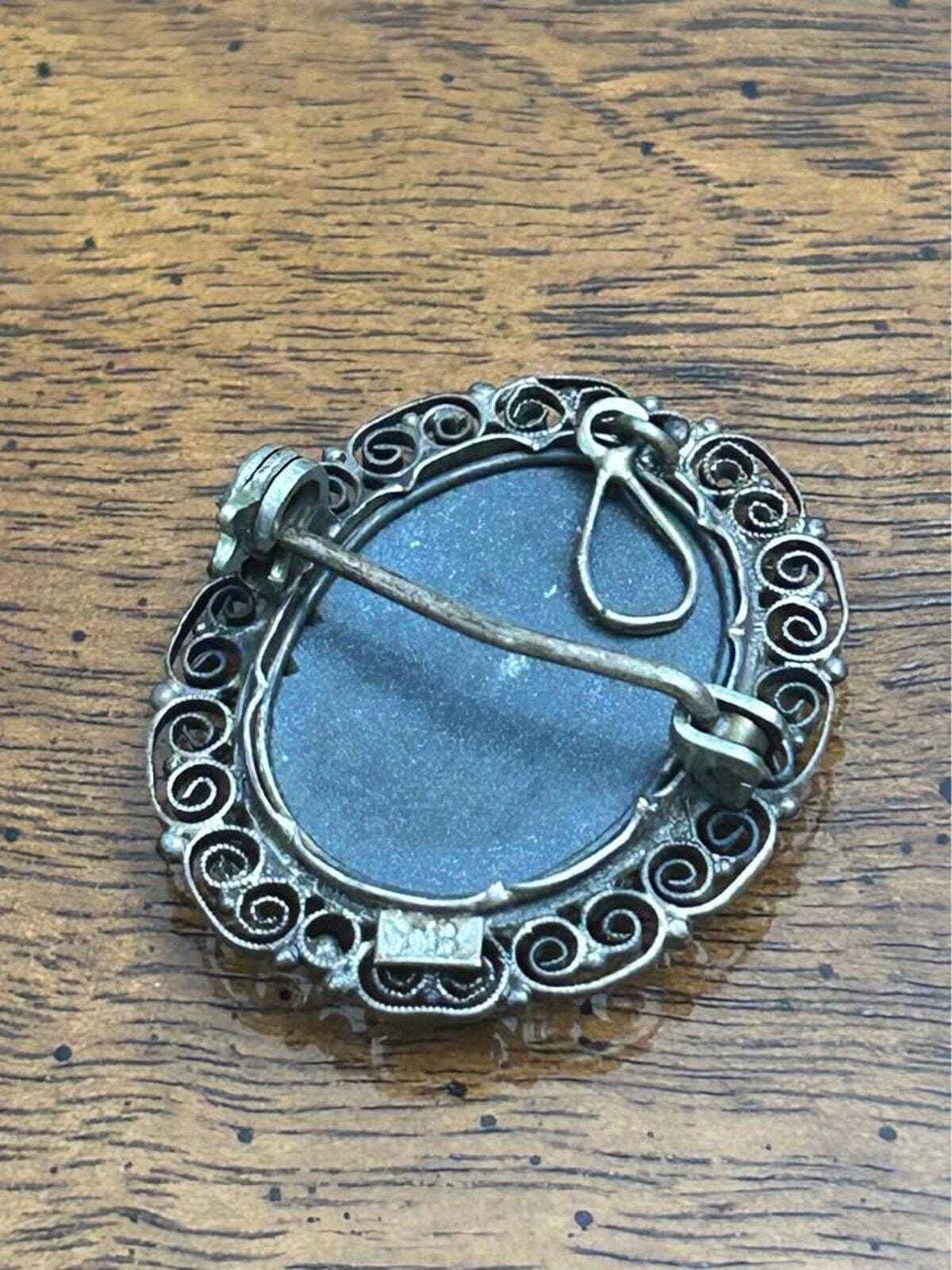 Vintage Italian 800 Silver Pietra Dura Style Floral Shell Inlay Brooch Pendant