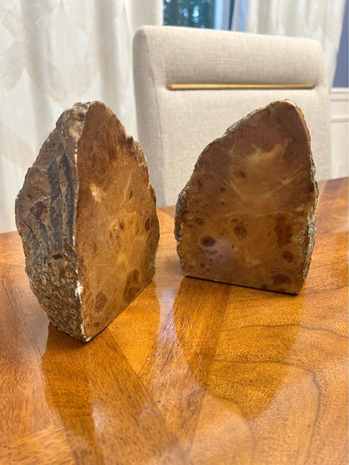 Vintage Italian Polished Faux Bois Stone Brutalist Bookends