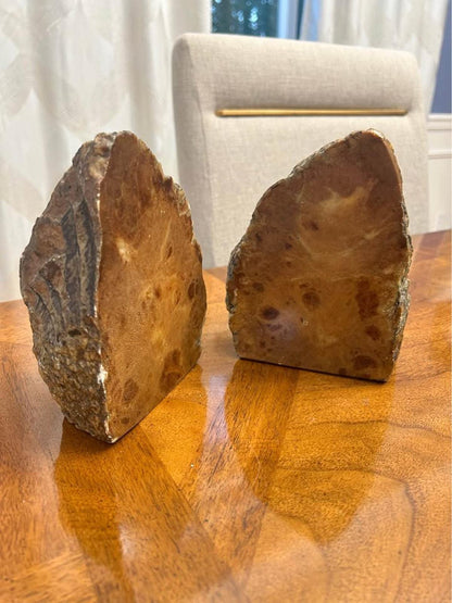 Vintage Italian Polished Faux Bois Stone Brutalist Bookends