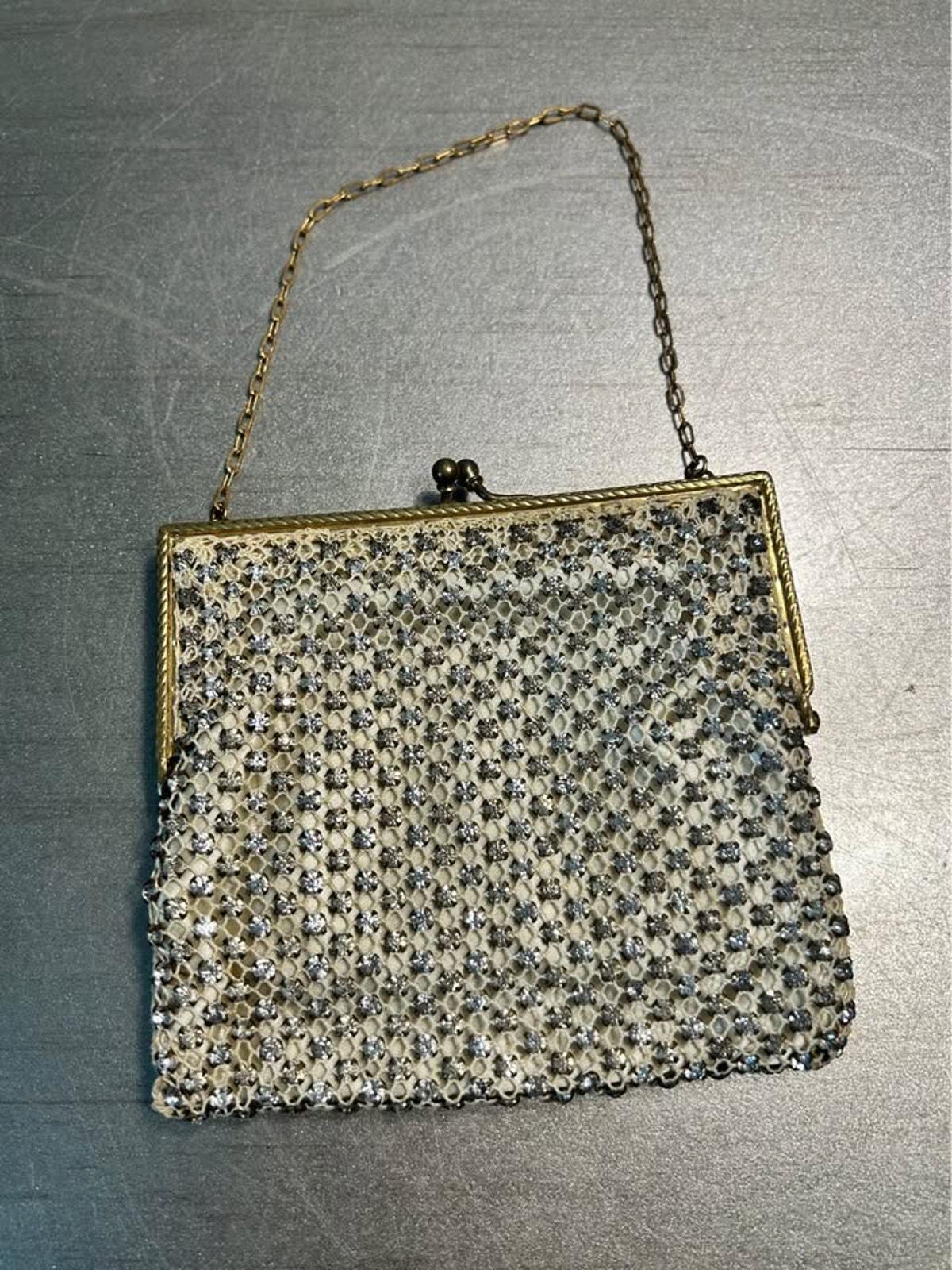 Vintage Rhinestone Mesh Evening Bag Etched Gold Tone Frame Satin Lined Purse