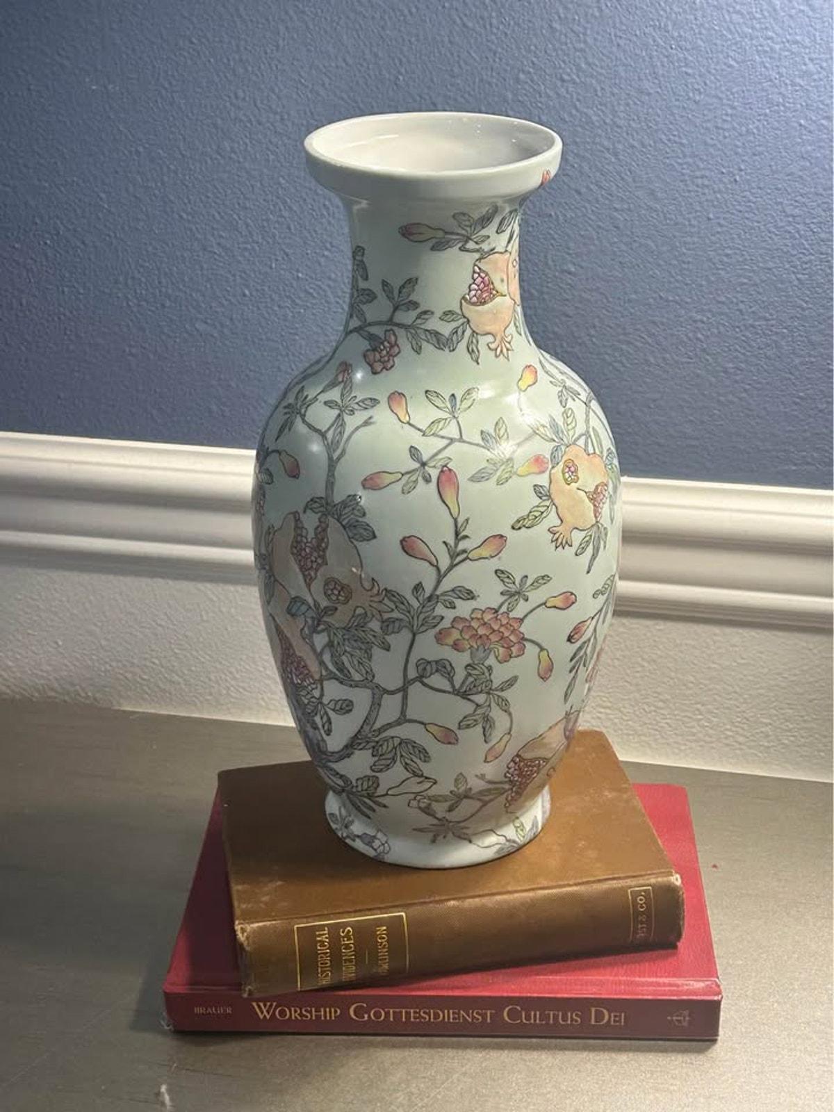Vintage Chinese Porcelain Famille Rose Pomegranate Vase Celadon Ground Apocryphal Qianlong Mark