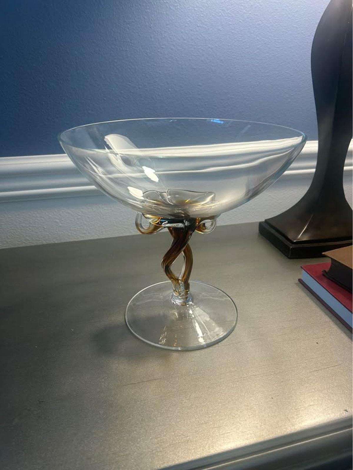 Mid-Century Modern Amber Controlled Twist Glass Compote - Large 11” Art Glass Centerpiece Bowl