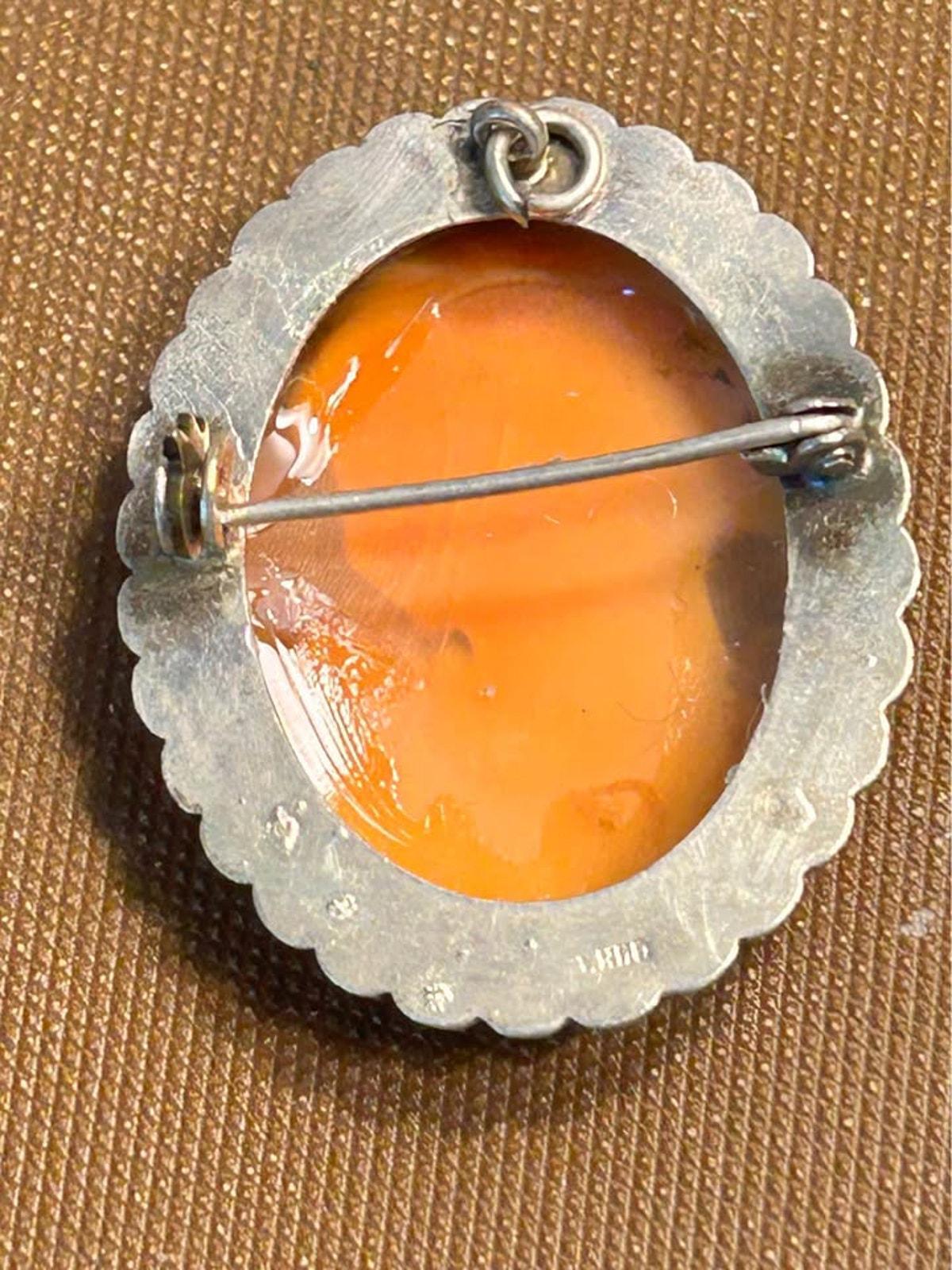 Vintage Italian 800 Silver Shell Cameo Brooch Pendant - Hand Carved Shell Jewelry