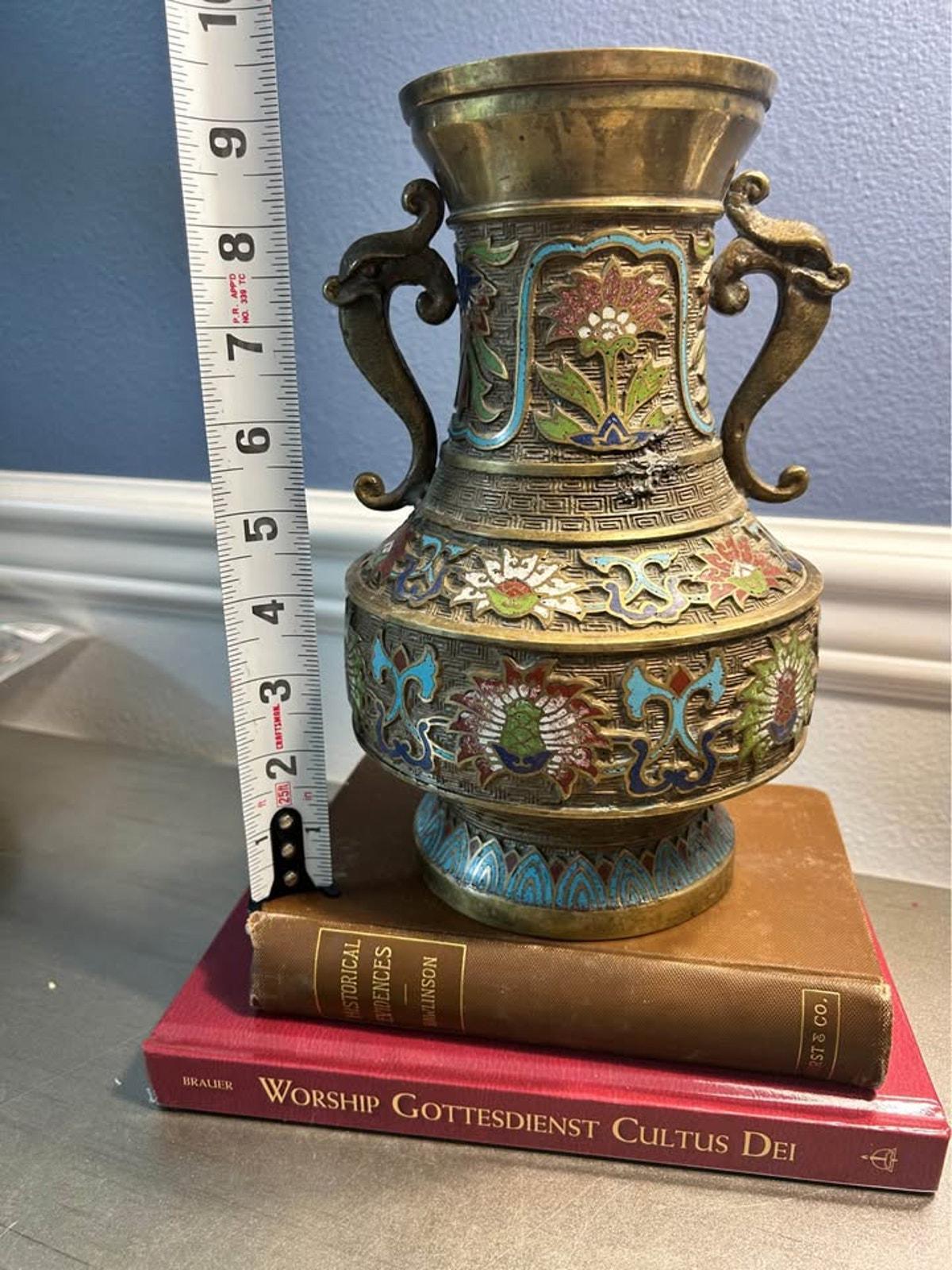 Antique Japanese Champleve Enamel Brass Vase