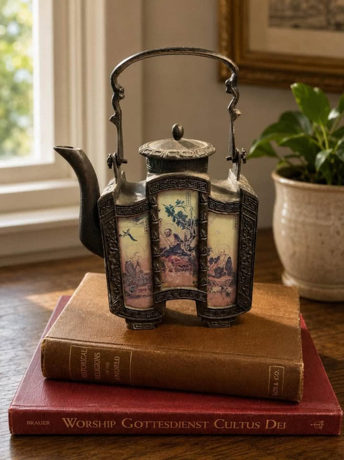 Vintage Chinese Pewter Teapot with Reverse Painted Glass Luohan Panels
