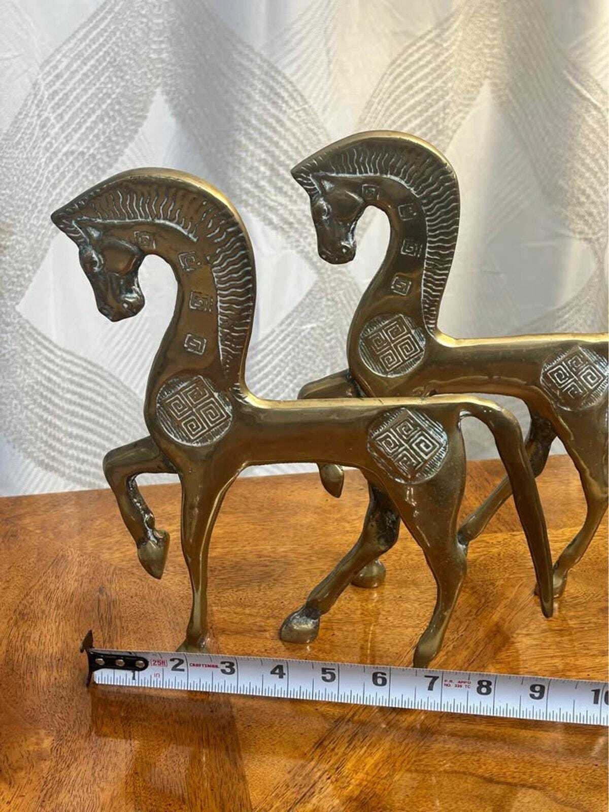 Vintage Mid-Century Brass Greek Geometric Horse Figurines | Etruscan Revival Sculptures | Frederick