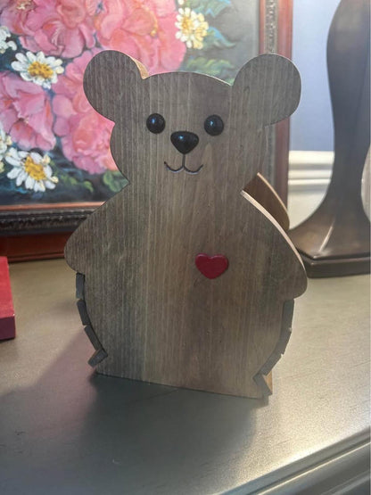 Rustic Wooden Teddy Bear Caddy with Heart Detail