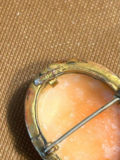 12K Gold Filled Hand-Carved Shell Cameo Brooch, Mid-Century Flora Profile