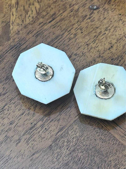 Vintage WELLS 14K Gold Carved Bone Large Floral Hexagon Stud Earrings