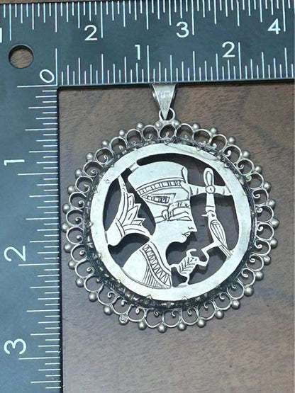 Vintage Egyptian Revival Sterling Silver Nefertiti Pendant Large Cut Out Medallion