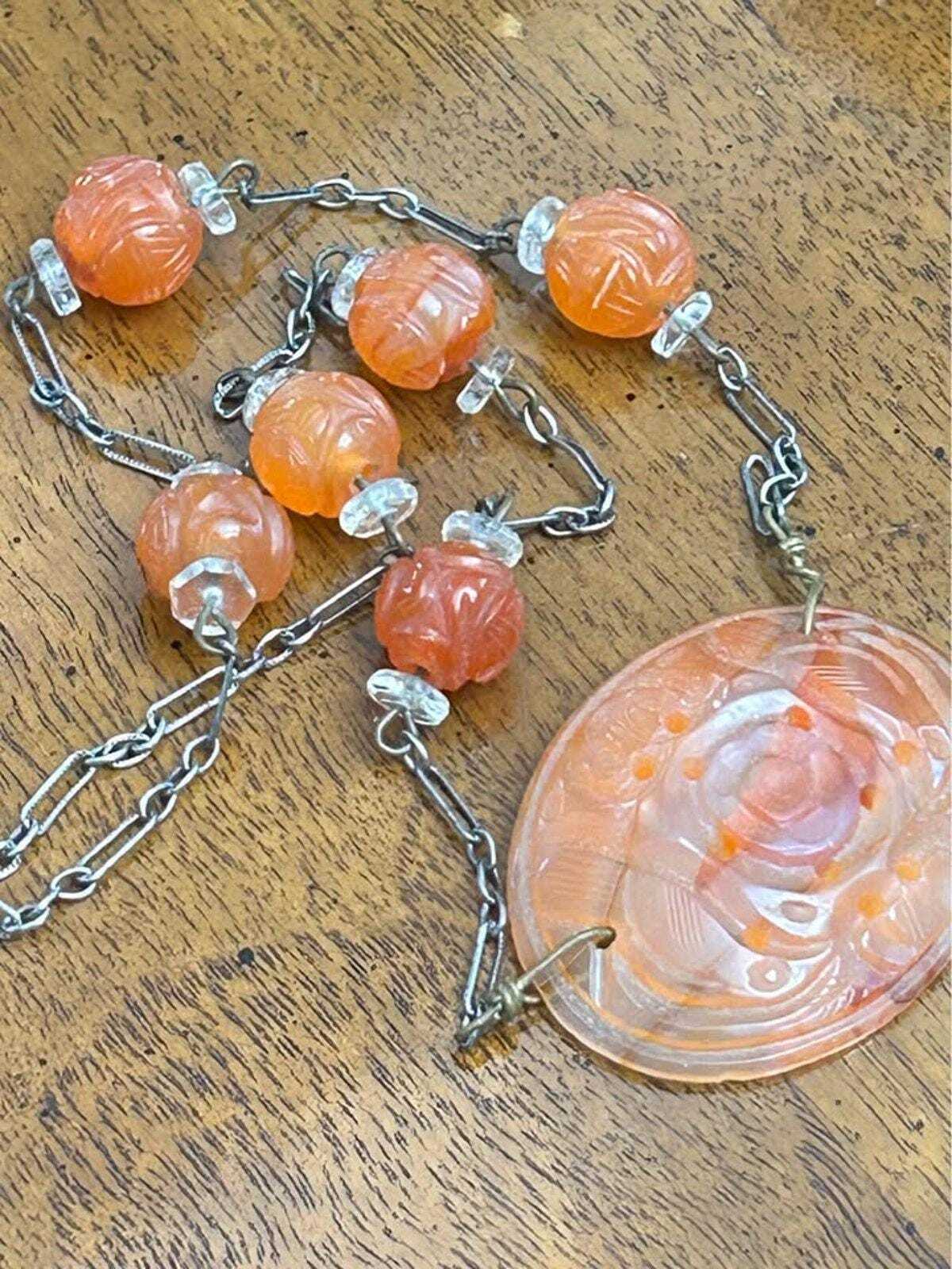 Antique Chinese Export Carved Carnelian Repurposed Button Pendant Sterling Silver Necklace