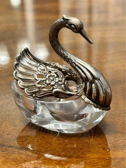 Vintage West German Sterling Silver and Cut Crystal Articulated Swan Salt Cellar