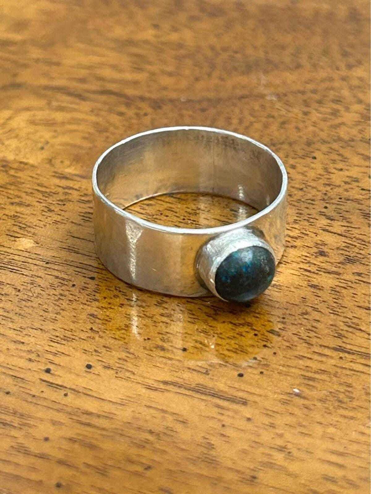 Vintage 1974 LMP Sterling Silver Wide Band Ring – Azurite Cabochon, Size 9.25