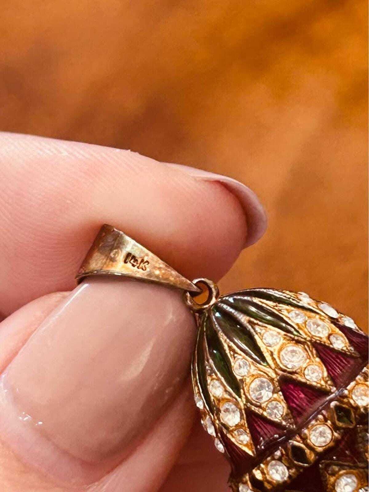 Vintage Fabergé Style Purple Enamel Egg Pendant with Rhinestone Accents