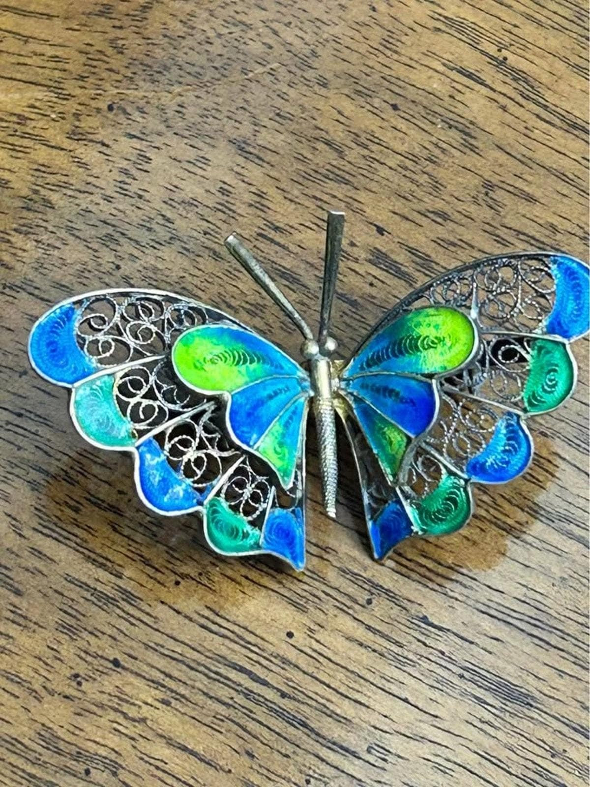 Vintage 800 Silver Filigree Butterfly Brooch With Blue & Green Enamel