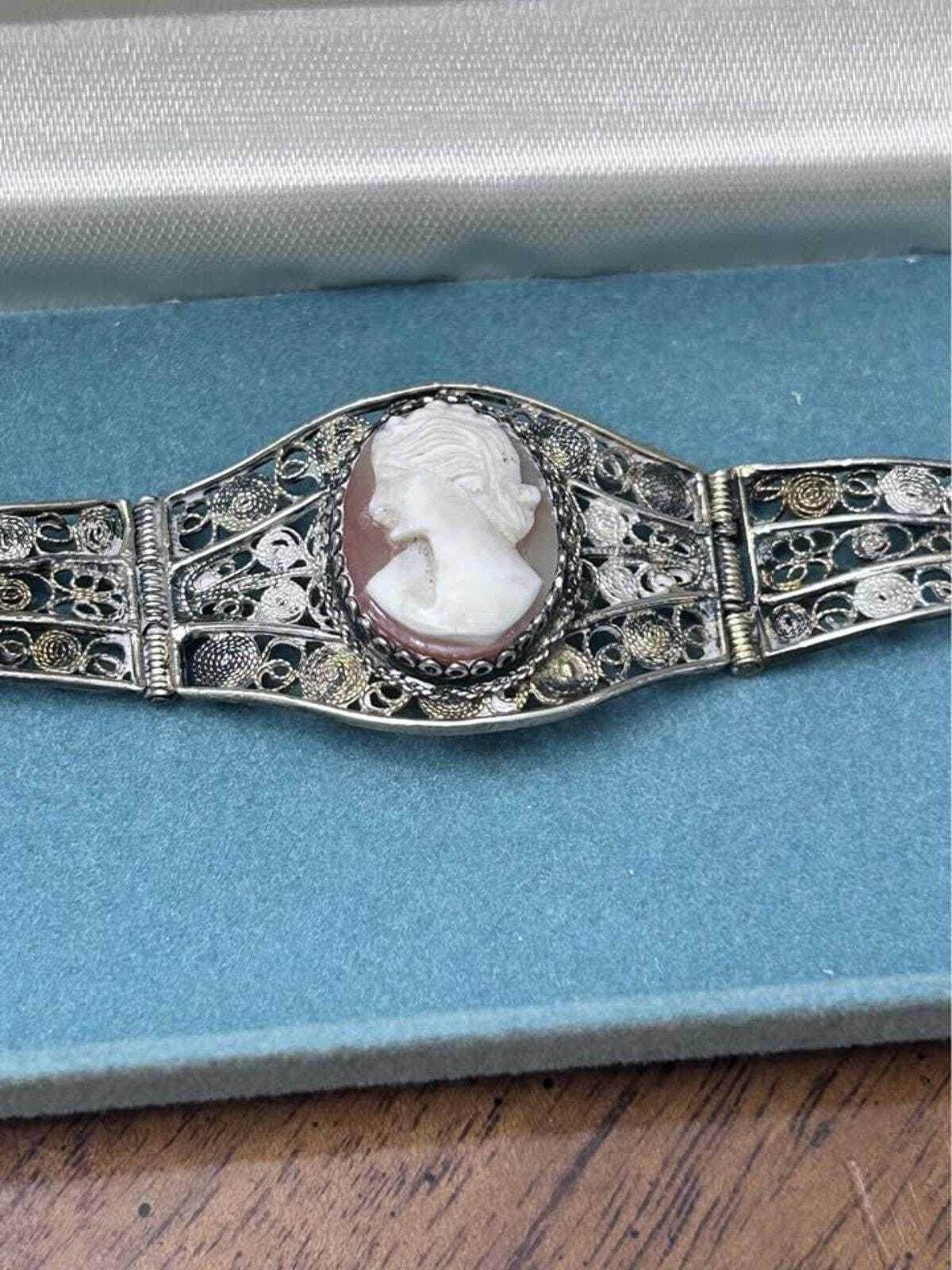 Antique Art Deco 800 Silver Filigree Hand Carved Shell Cameo Panel Bracelet