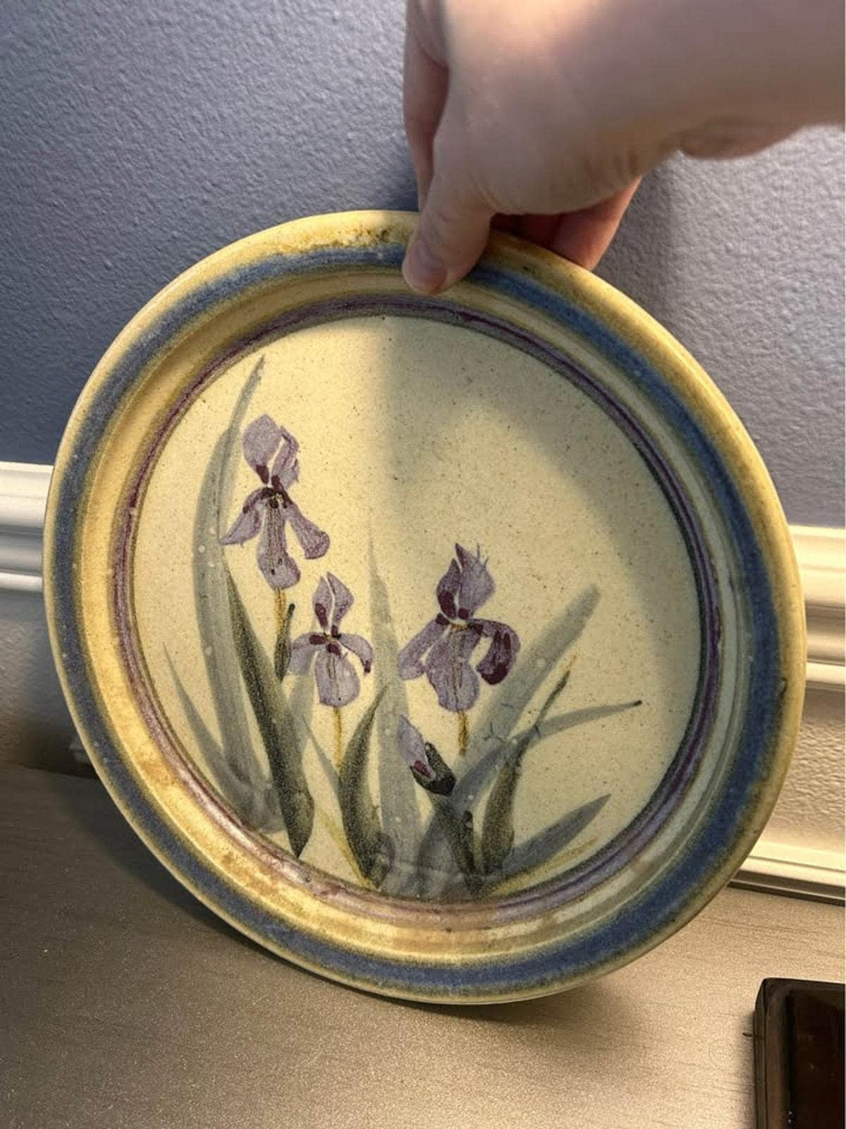 Vintage Studio Pottery Platter | Hand-Painted Purple Iris Botanical Stoneware Dish