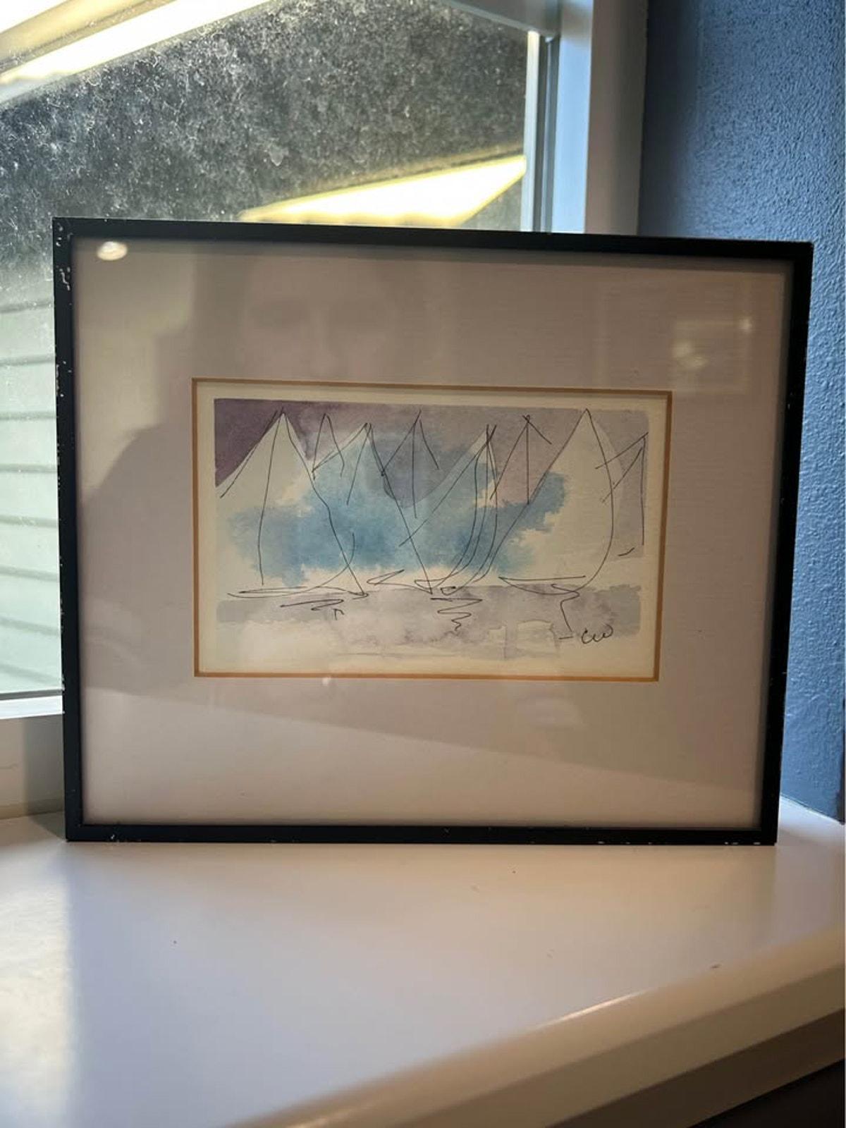 Original Mid-Century Minimalist Sailboat Watercolor – Signed "CW" – Nautical Modernist Art