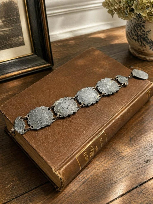 Vintage Mexican Silver Don Quixote Story Bracelet, Mid-Century Relief Panel Jewelry
