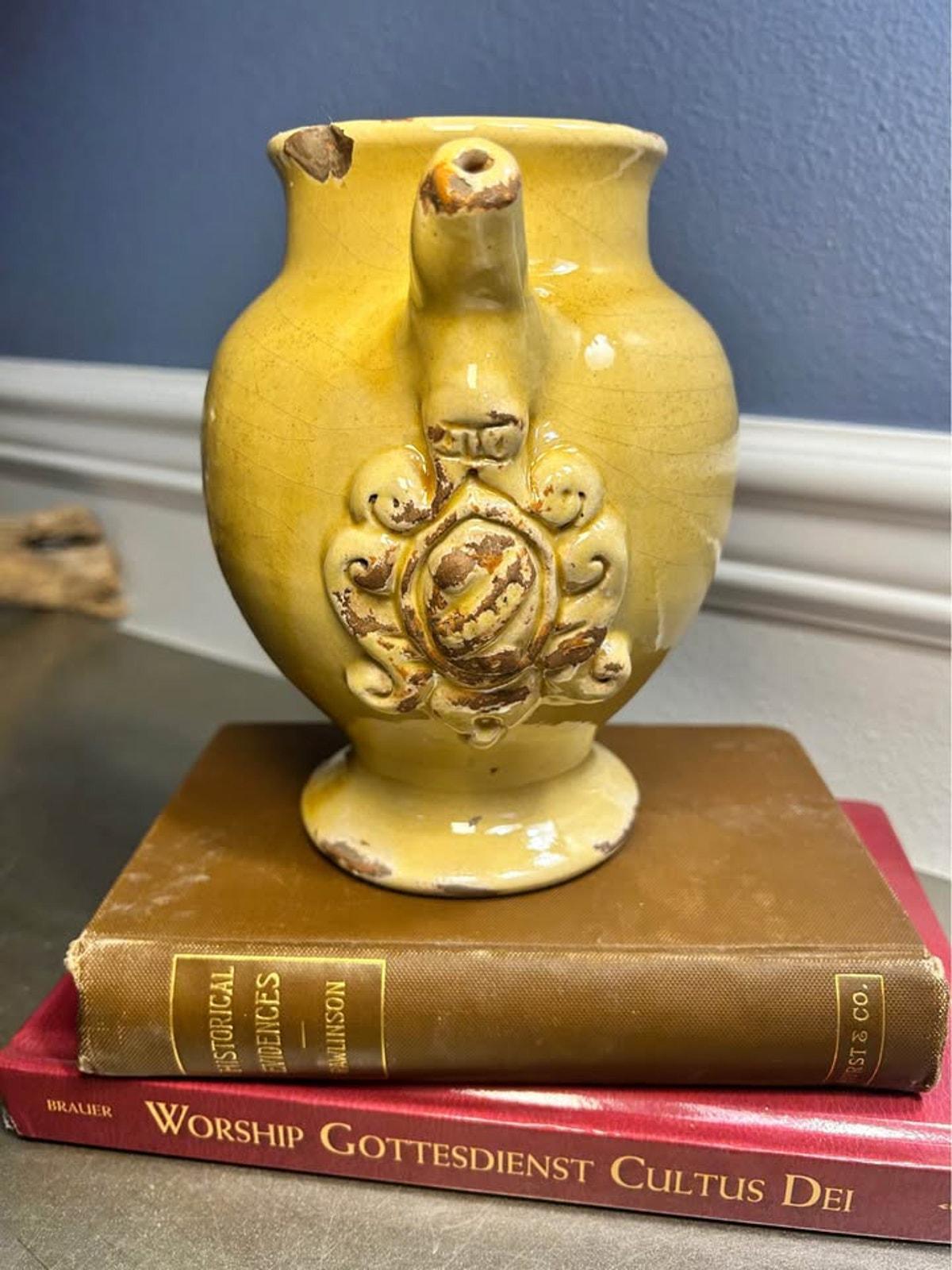 Leona Italy 1960s Handworked Yellow Pottery Pitcher - Rustic Relief Crest
