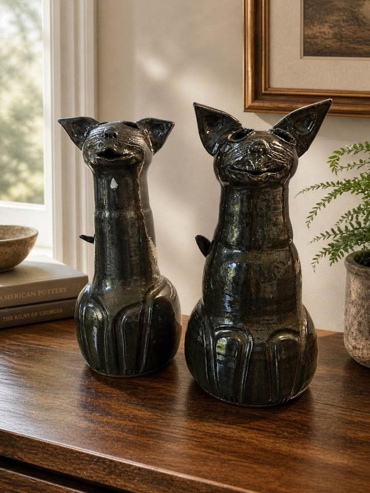 Gramsie Signed Studio Pottery Long Neck Cat Sculptures - Pair