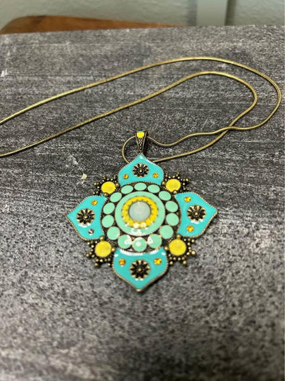 Vintage Brass Turquoise & Yellow Enamel Mandala Pendant Necklace