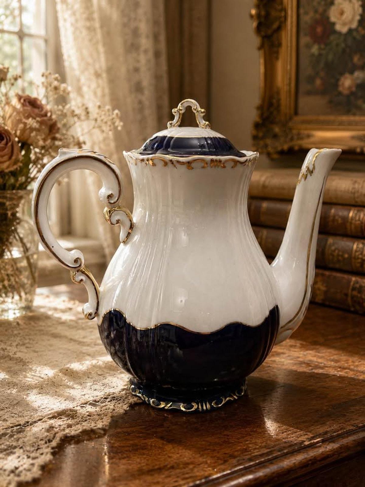 Vintage Zsolnay Pécs Hungary Cobalt Blue & Gold Porcelain Coffee Pot