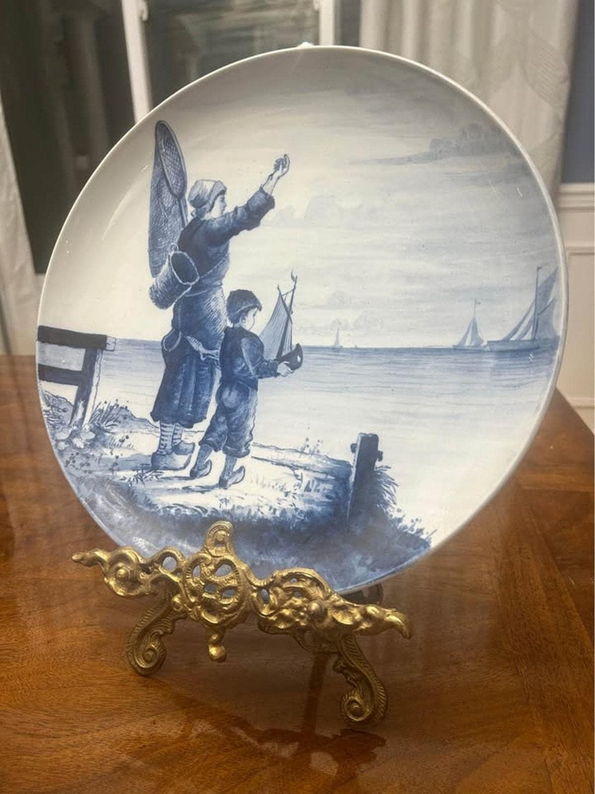 Antique Villeroy & Boch Mettlach Delft Style Blue and White Coastal Charger 12"